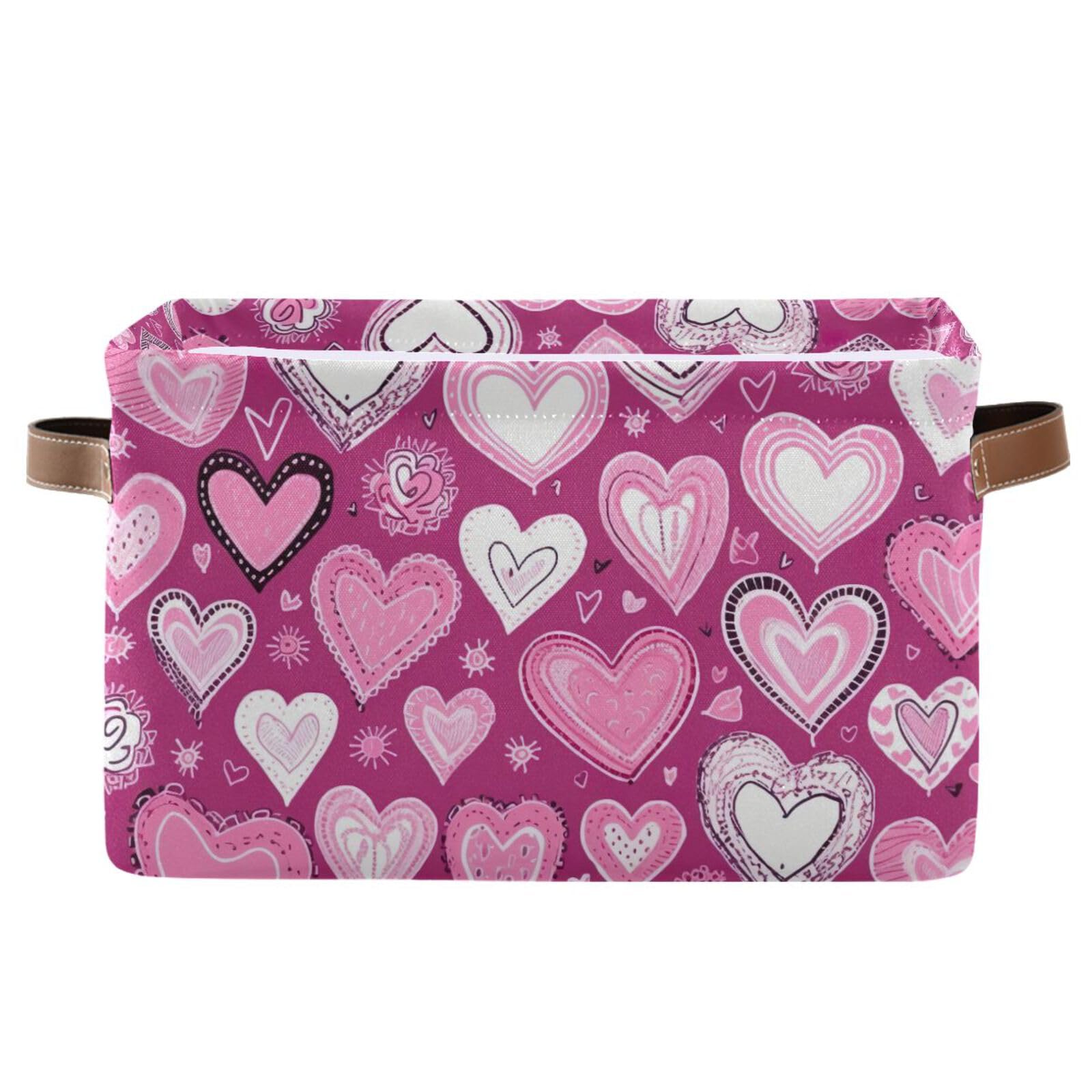 PaChyLuu Valentine Heart Pink Storage Basket Bin Canvas Fabric Organizer Toys Basket with Handles for Home Office Nursery, Clothes, Gifts, 1 Pcs