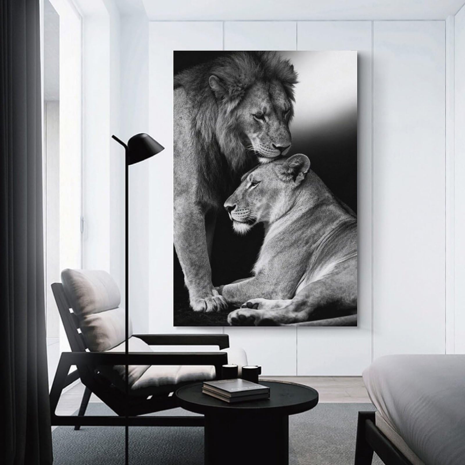 Junmoney Lion And Lioness in Black And White Decorative Wall Artwork, 24x36inch(60x90cm), for Home Lounge, Bedroom Or Reading Nook, Eye Catching Artwork for Blank Walls