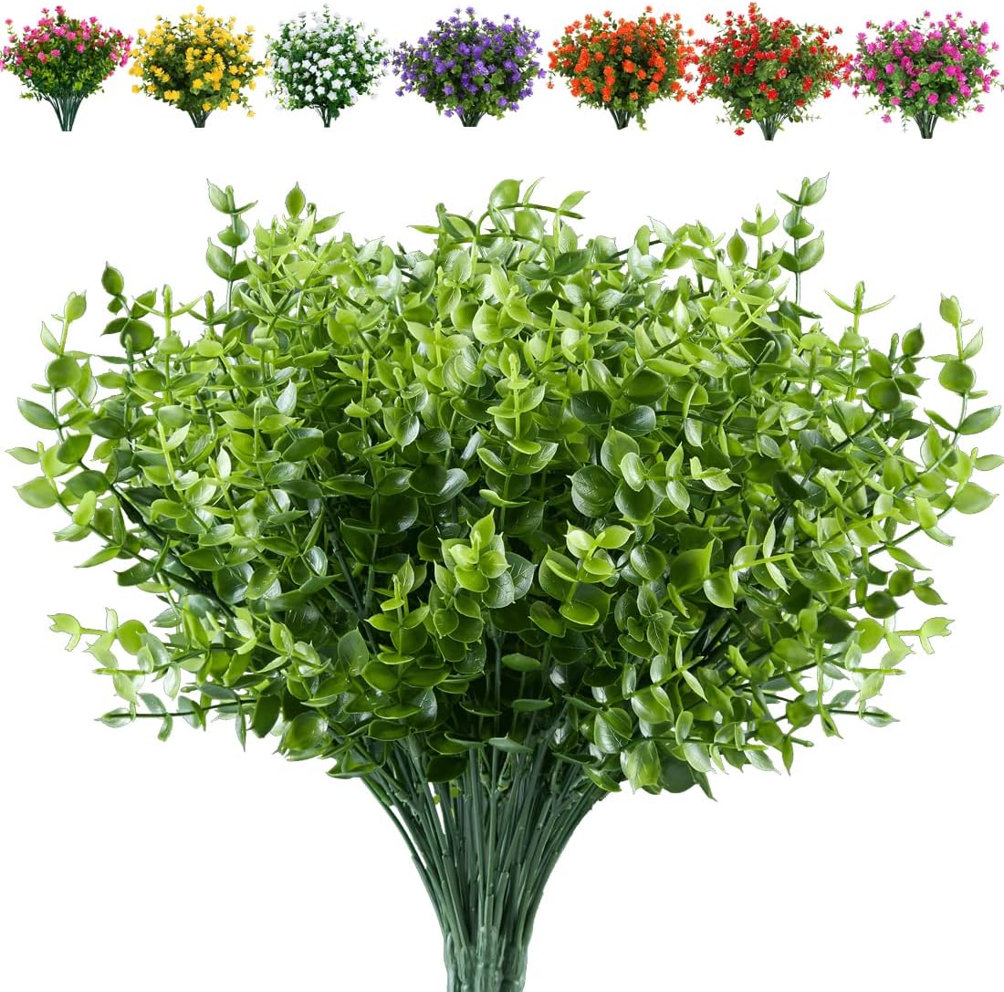 24 Bundles Artificial Eucalyptus Plant Fake Boxwood Shrubs UV Resistant No Fade Faux Greenery for Home Garden Hanging Planter Indoor Porch Patio Office Wedding Decoration(Green)