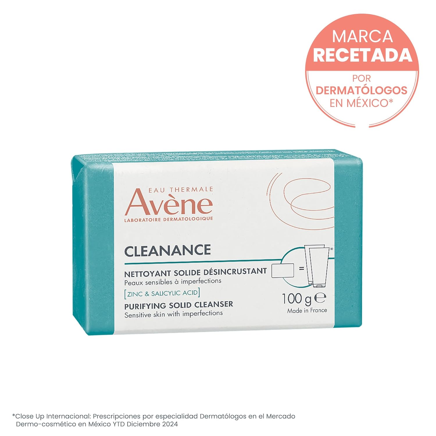 AVENE Cleanance Barra Dermatológica, Limpiadora Facial con Ácido Salicílico, 100g