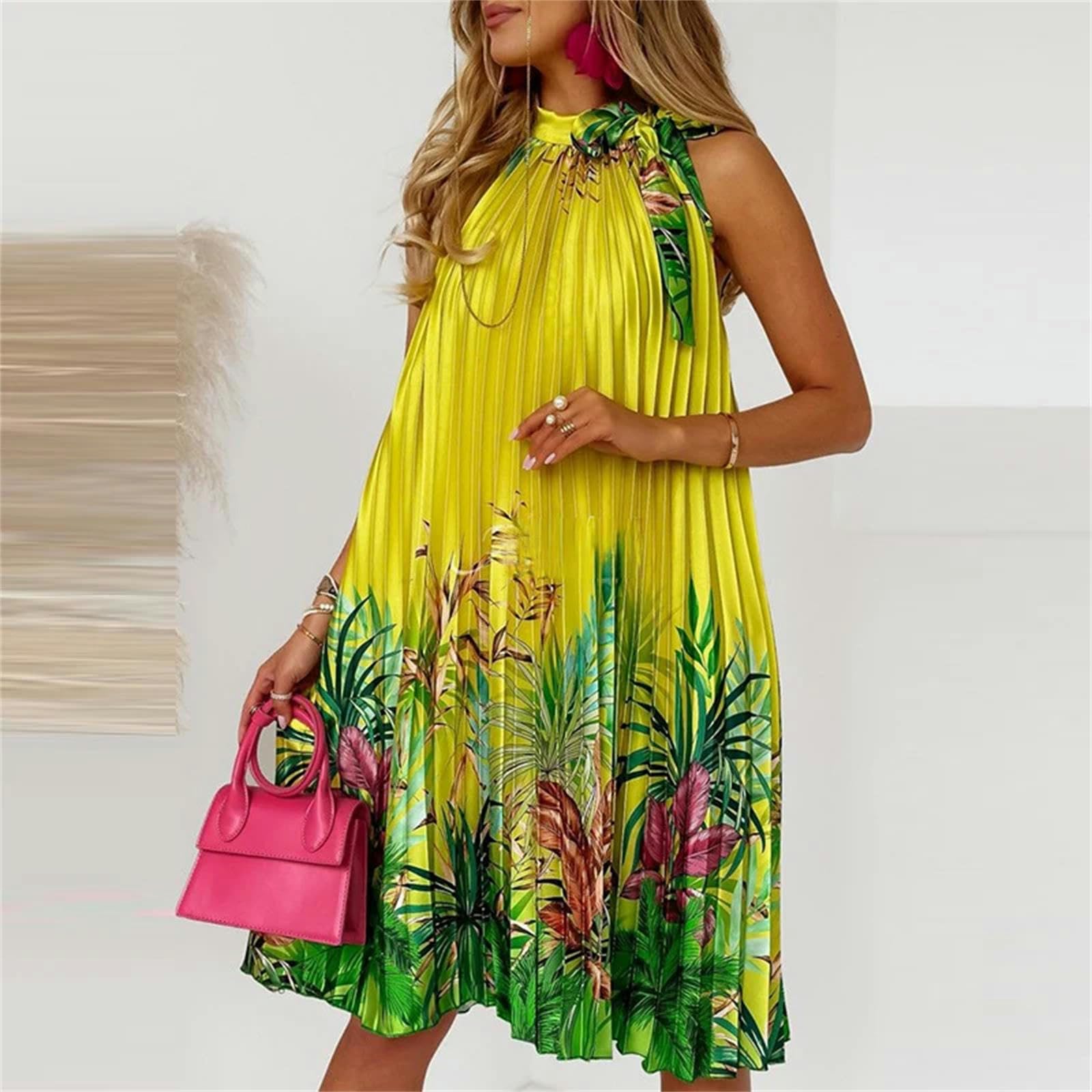 Vestito Donna Elegante Lady Casual Sciolte Sciolte Maxi Abito Pieghedini da Donna Stampare A Foglie D'Abito da Spiaggia Senza Maniche