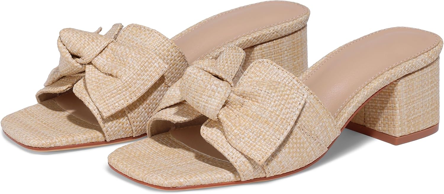 Erocalli Heeled Sandals for Women Raffia Sandals Chunky Block Heels Square Toe Summer Mules Slip On Dressy Sandal Low Short Heels With Bow - Image 6