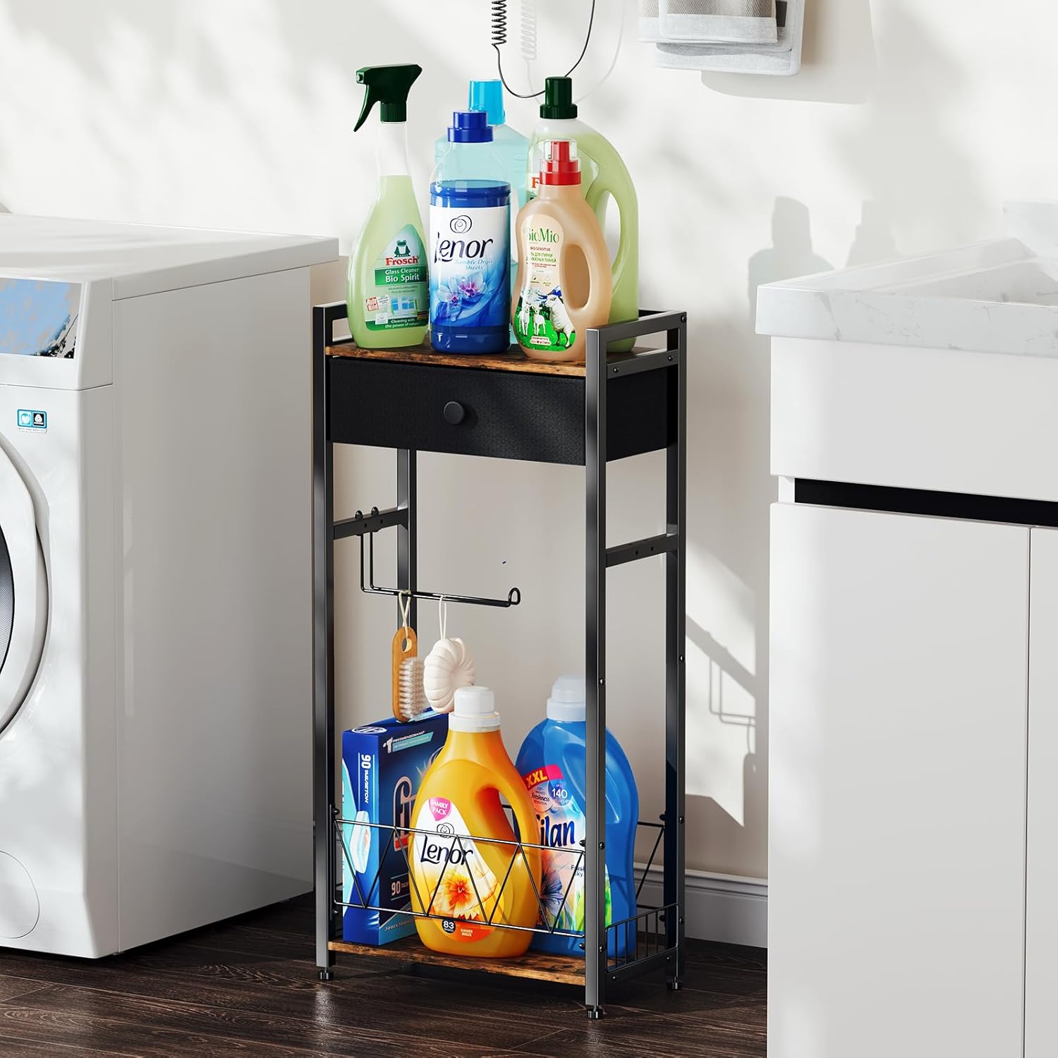 Freestanding Toilet Paper Holder Stand with Storage Drawer, Narrow Bathroom Shelf, Spare Roll Basket, 4-Way Install Paper Arm, Space-Saving Rack for Apartments & RVs (Brown)