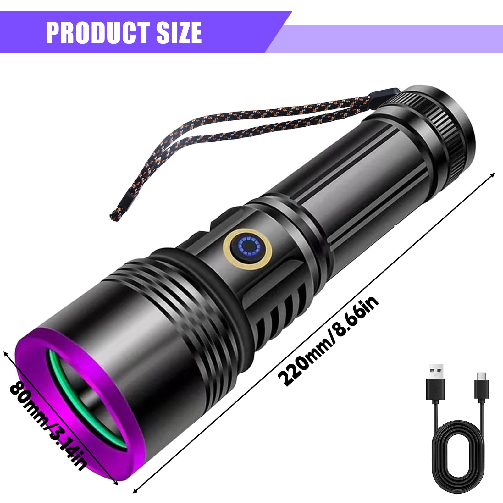 Aicharynic UV Taschenlampe 365nm: Aluminiumlegierung Aufladbar, Schwarzlicht, Haustierurin Detektor, Schmuckdetektion, Fluoreszenzdetektion, mit UV Schutzbrille
