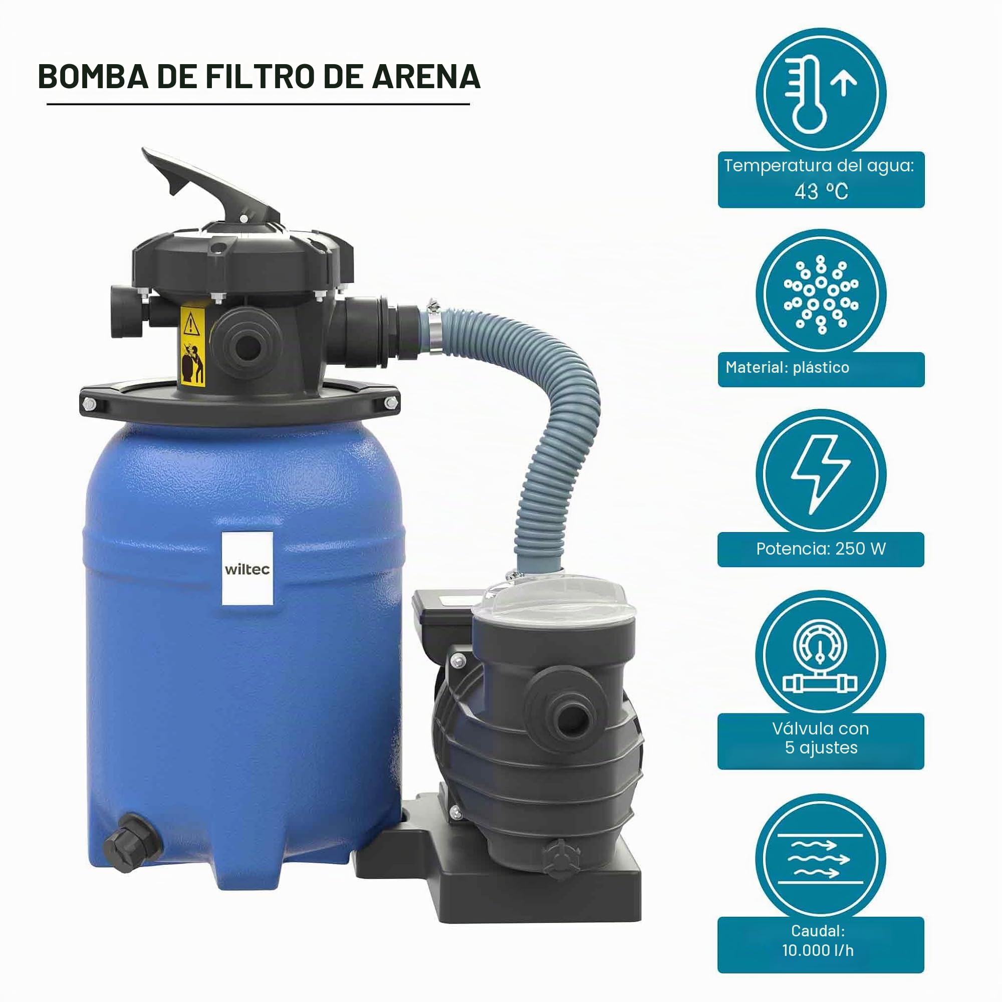 WilTec Sistema de Filtro de Arena 250W Tanque de filtrado 14l y Bomba autocebante 10000L/h Piscina