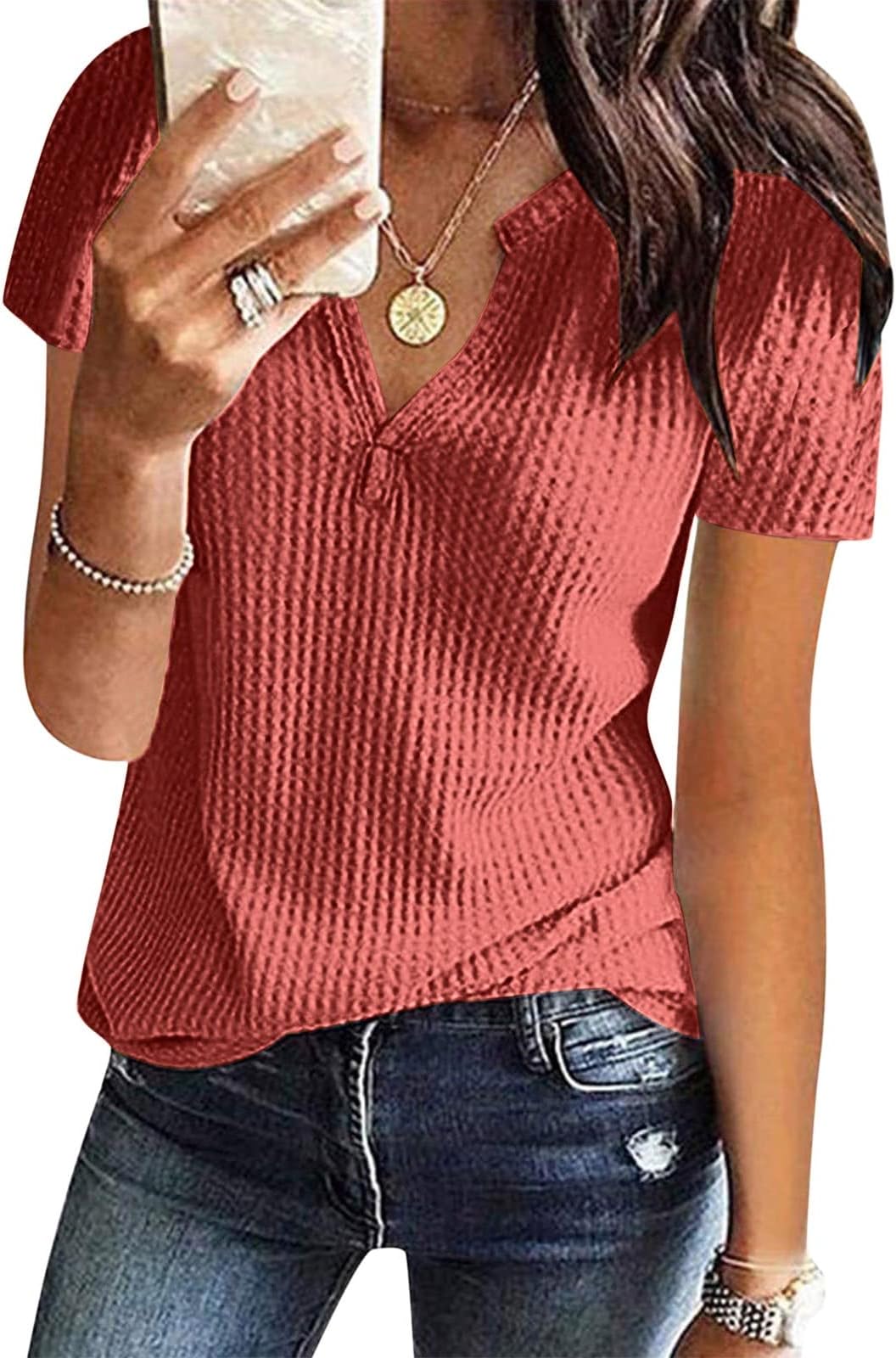 GenericSummer Waffle Knit Tops for Women V Neck Short Sleeve T-Shirts 2024 Trendy Casual Loose Henley Shirts Tunic Blouse Plus Size