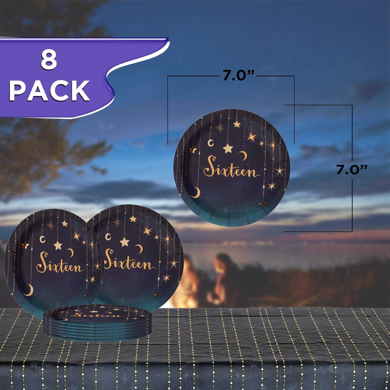 Havercamp Starry Night Sweet 16 Party Bundle - Dinner & Dessert Plates, Luncheon & Beverage Napkins, Garland, Mylar Balloon - Girl's 16th Birthday Party