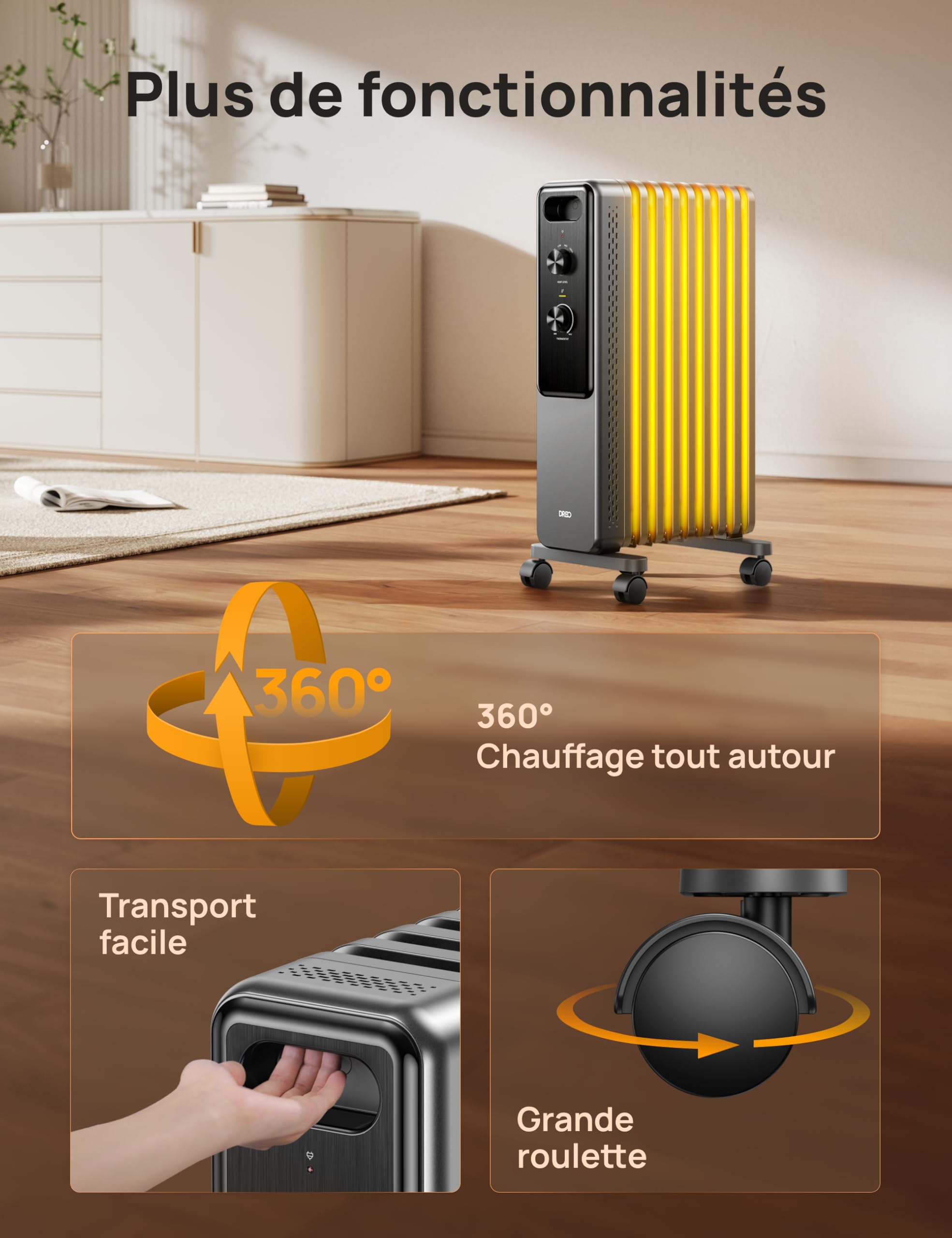 Dreo Radiateur à huile 2000W avec 9 ailettes, chauffage électrique silencieux pour chambre, thermostat réglable, protection surchauffe et basculement, sécurité enfant et mode économie d’énergie