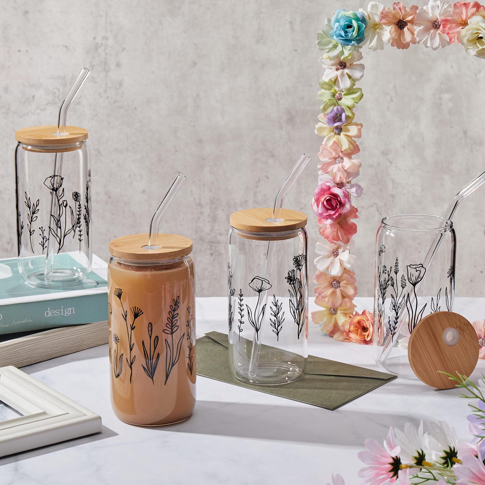 Zubebe Vaso de cerveza con diseño de flores silvestres con tapas y pajilla, vasos florales, taza de café helado, bonito vaso de café estético bohemio con 2 cepillos de limpieza para beber (negro, 4