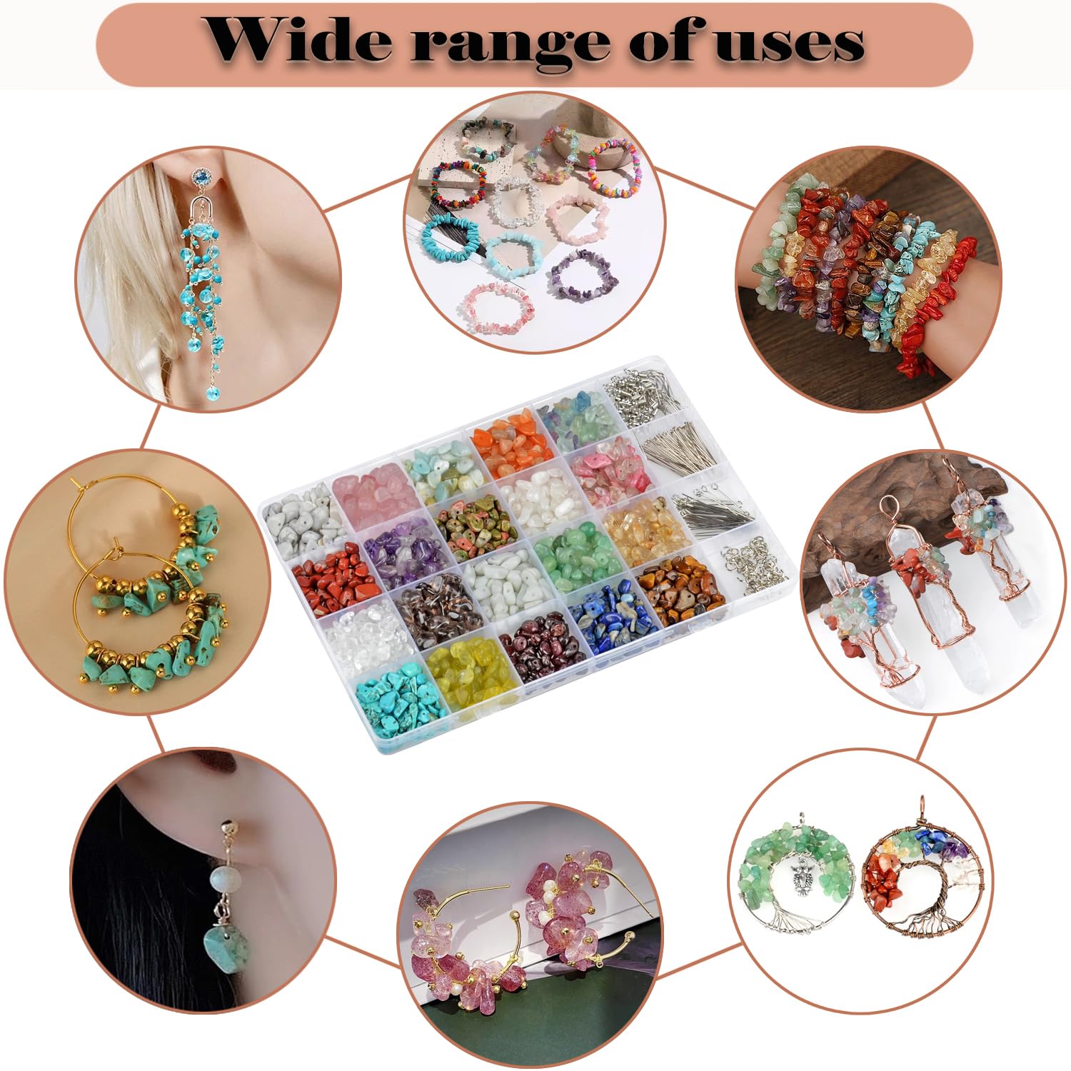 LPBeads Kit de fabricación de joyas, 1200 cuentas de cristal natural en 20 colores de piedras preciosas, anillos de salto, ganchos para aretes, pines, cuerda elástica para pulseras para niñas y