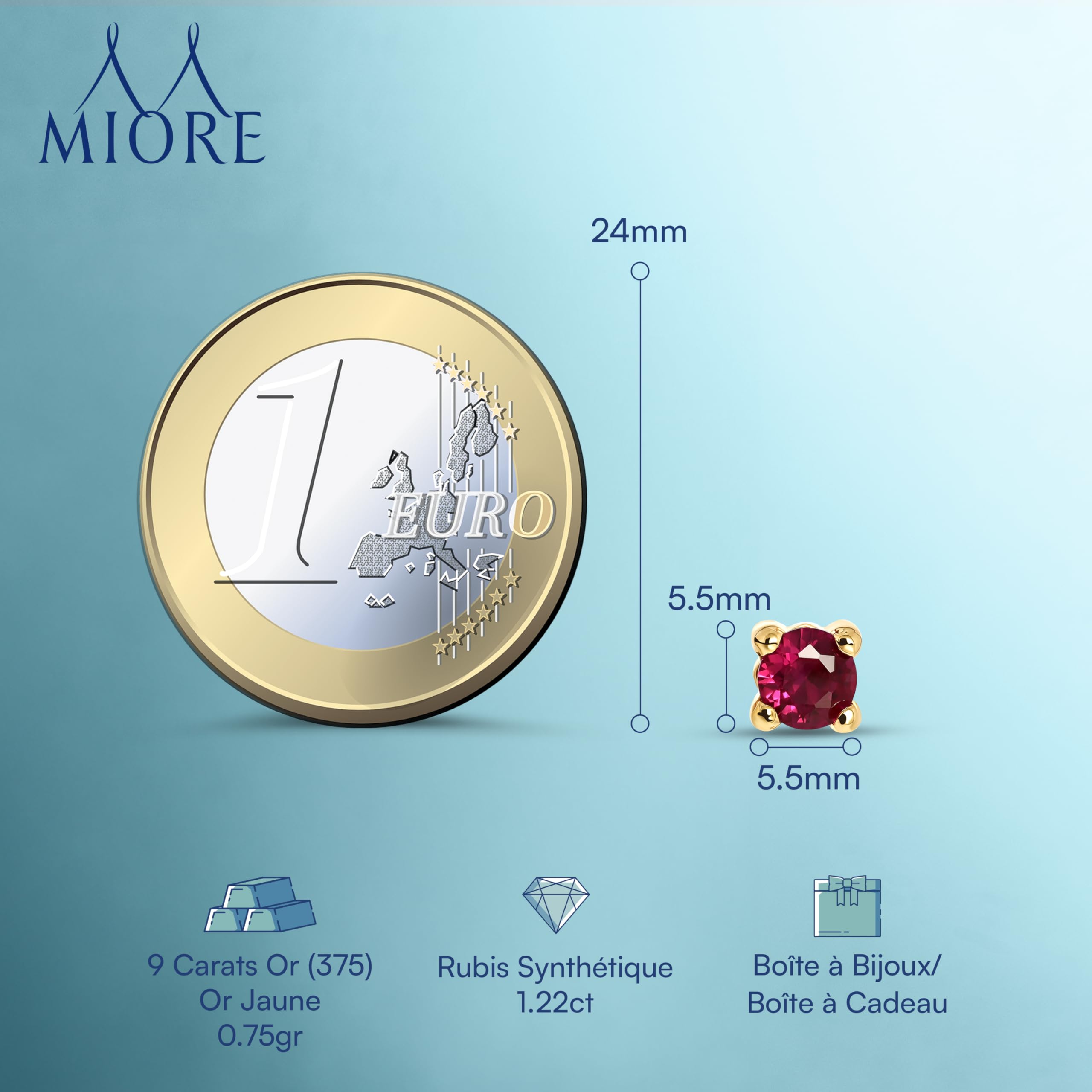 MIORE Boucles D'Oreilles Femme en Or Blanc/Or Jaune 9 Carats 375 avec Pierre Precieuse Rubis/Émeraude/Saphir/Zircone 5.5x 5.5mm, Clous d’Oreilles Or, Bijoux Femme Fait Main, Hypoallergénique