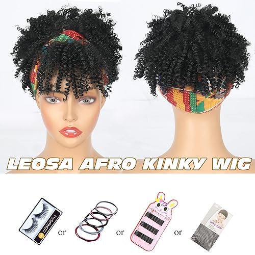 Miniatura 4 de LEOSA Peluca negra con diadema con flequillo para mujeres negras, peluca rizada afro con diadema adjunta, pelucas de pelo sintético corto rizado