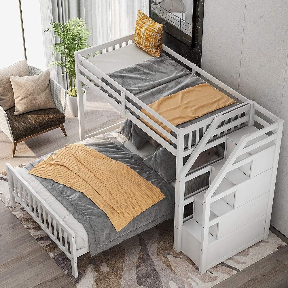Harper & Bright Designs Twin Over Full Loft Beds, Bunk Beds Twin Over Full with Stairway and Storage, Full-Length Guardrail, No Box Spring Needed (White, Twin over Full)