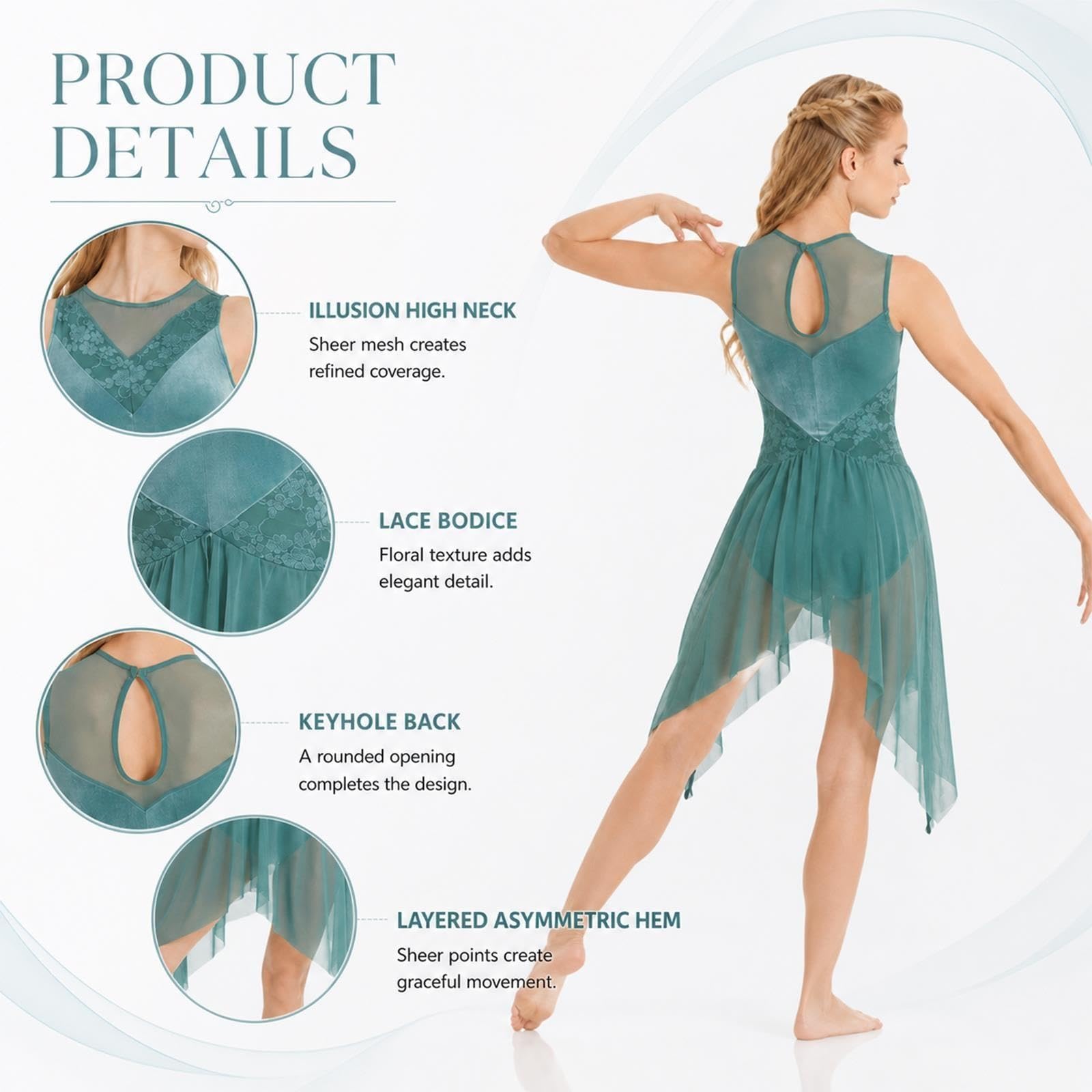 Abito danza lirica donna teen, pizzo, schiena goccia, orlo asimmetrico
