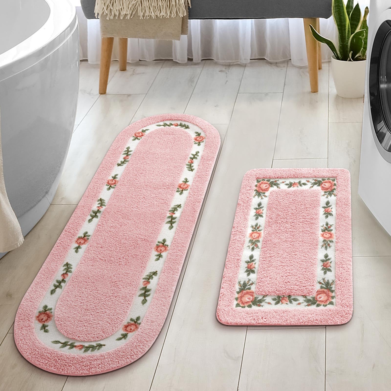 Drydiet 2 Pcs Rose Flowers Bathroom Rugs Set Coquette Room Decor Floral Rugs for Bathroom Bedroom Living Room,Non Skid Absorbent Romantic Rose Flower