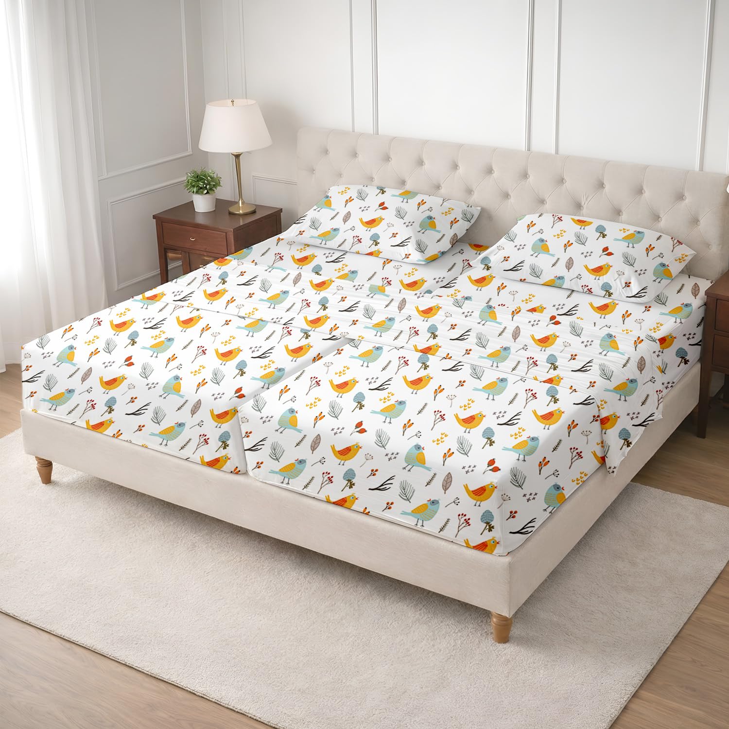 SGI Split King Sheet Set for Adjustable Bed Egyptian Premium Cotton 600 Thread Count Sheets for Sleep Number Bed 15" Deep Pocket 5 Pc Set with 2 Twin XL Fitted Sheets Soft Breathable - Spring Bird