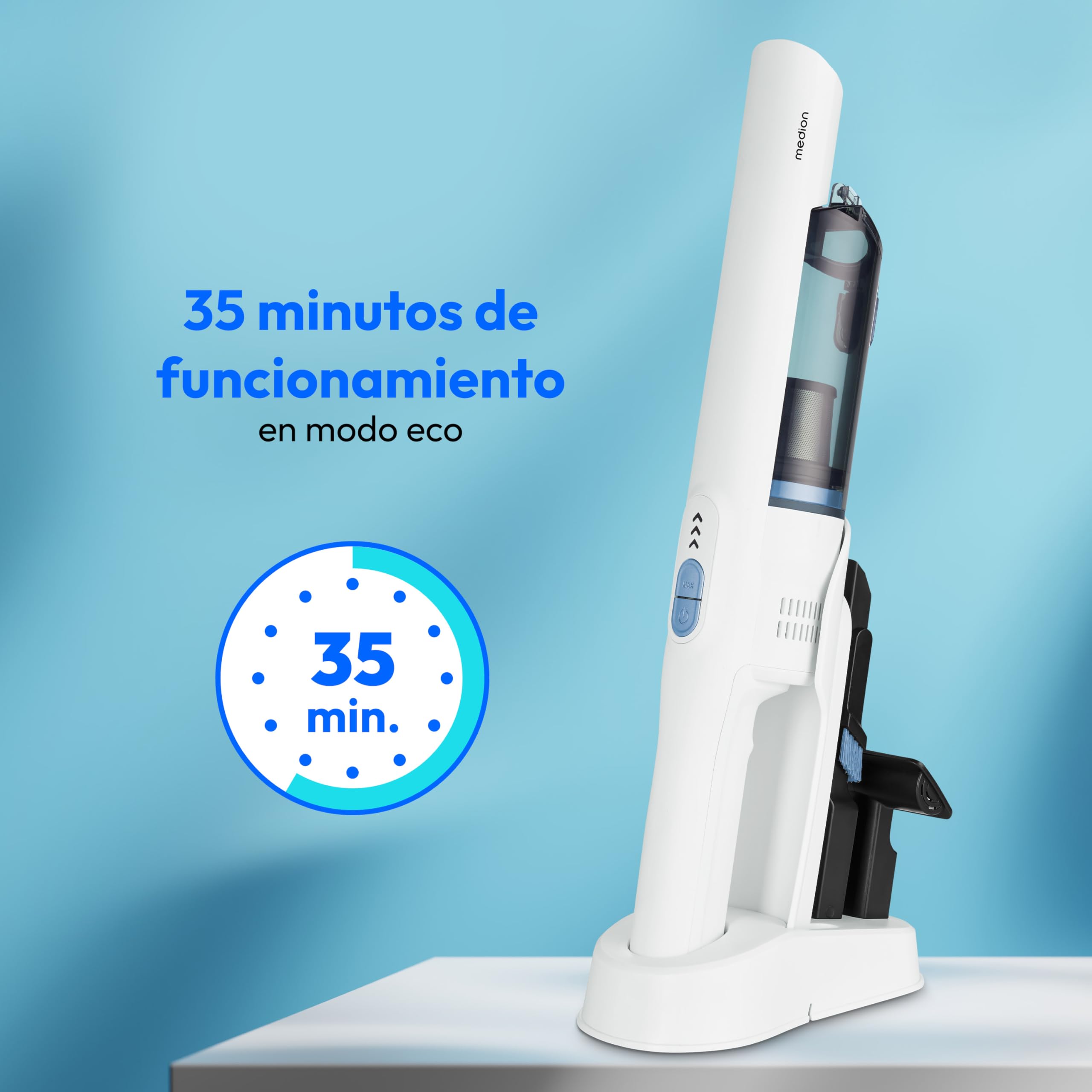 MEDION Aspiradora de Mano 2en1 con Tubo y Cepillo para Suelos (Motor BLDC, Filtro HEPA 13, filtrado de Polvo y alérgenos, Potencia de succión 20 kPa, batería, Base de Carga, sin Cables, MD11515)
