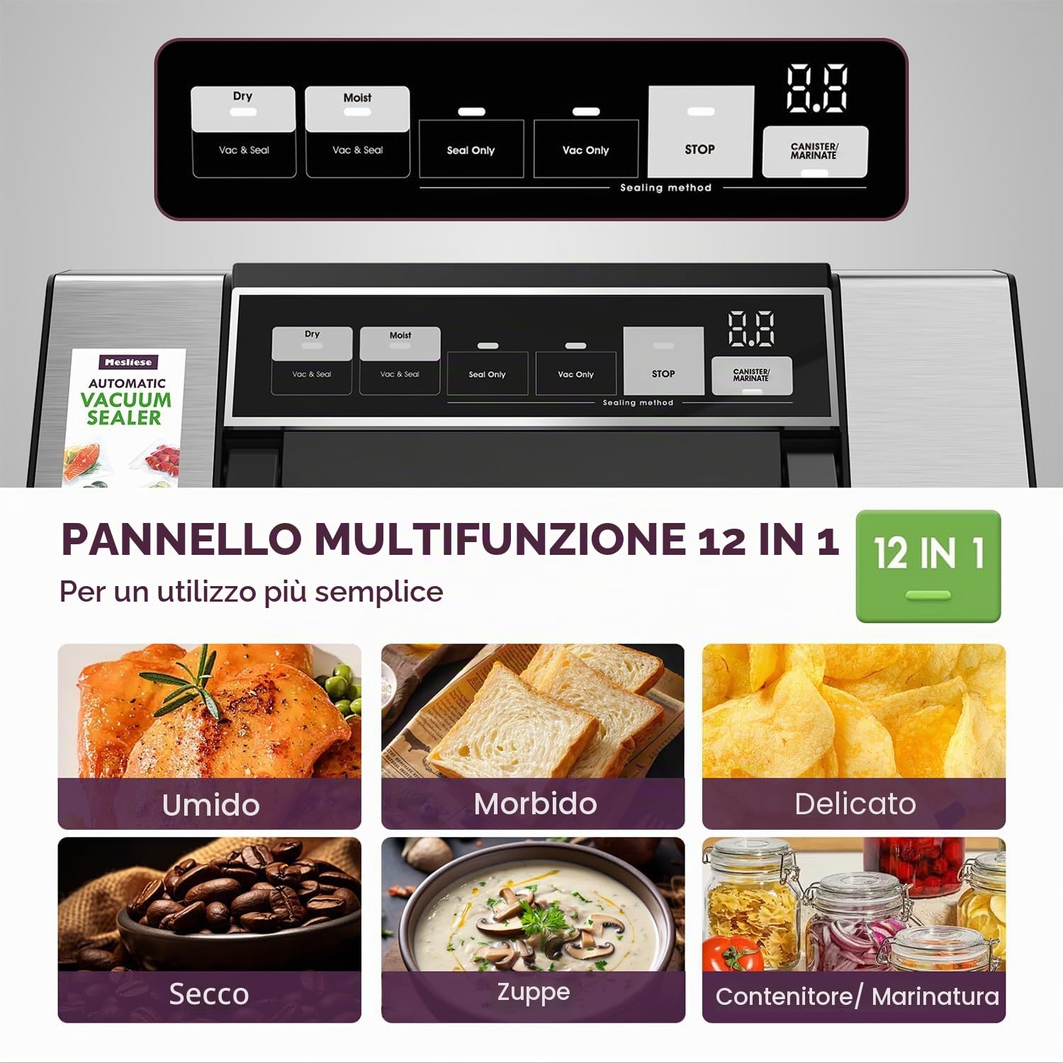 Mesliese Macchina Sigillatrice Sottovuoto, Super Potente 95kPa 140W Sigillatrice per Alimenti con Design a Impugnatura, Doppia Striscia di Tenuta con Taglierina Integrata e Display Conto alla Rovescia