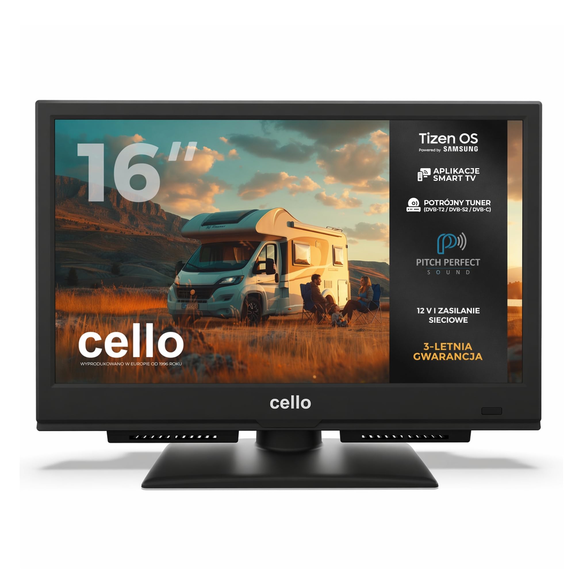 Cello CTRAV-16TZ Traveller 16" 12 V Smart TV z Tizen OS, Cloud gaming,Bluetooth, Pitch Perfect", idealny do kamperów, samochodów ciężarowych i łodzi, potrójnych tunerów