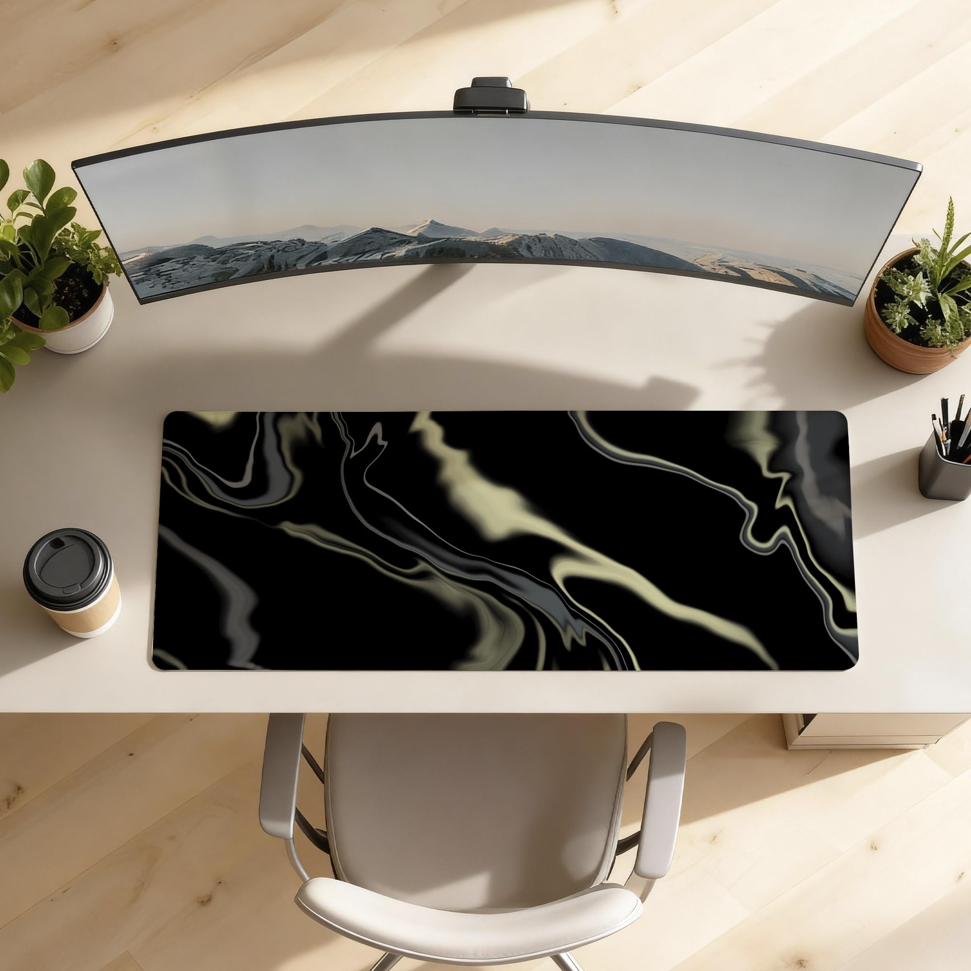 SoulAbiti Black Gold Luxury Flow Extended Desk Pad (36x14 Inch) - Fluid Art XXL Mouse Pad - Non-Slip Rubber Base & Stitched Edges 1