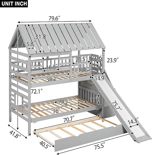 Miniatura 23 de Merax Cama de madera de tamaño completo con ventana y valla, marco de cama matrimonial para adolescentes, niños y niñas, gris