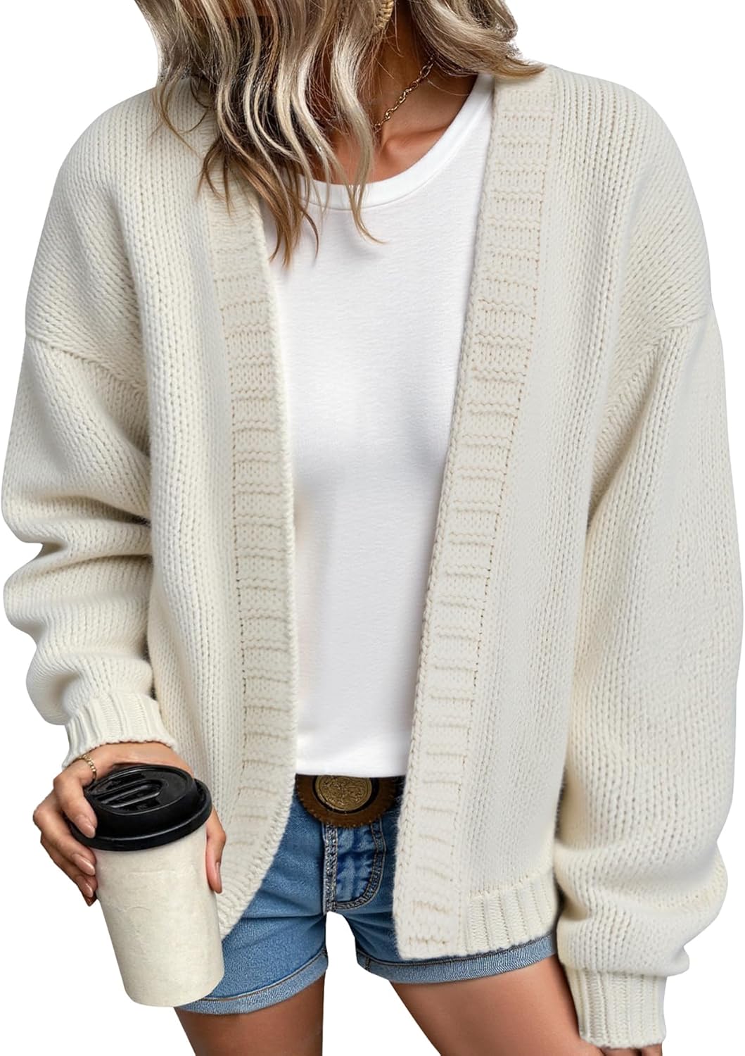 Women’s Chunky Knit Cardigan Open Front Sweater, Oversized Lantern Sleeve Fall Winter Loose Knitwear Casual Outwear Jacket - Image 2