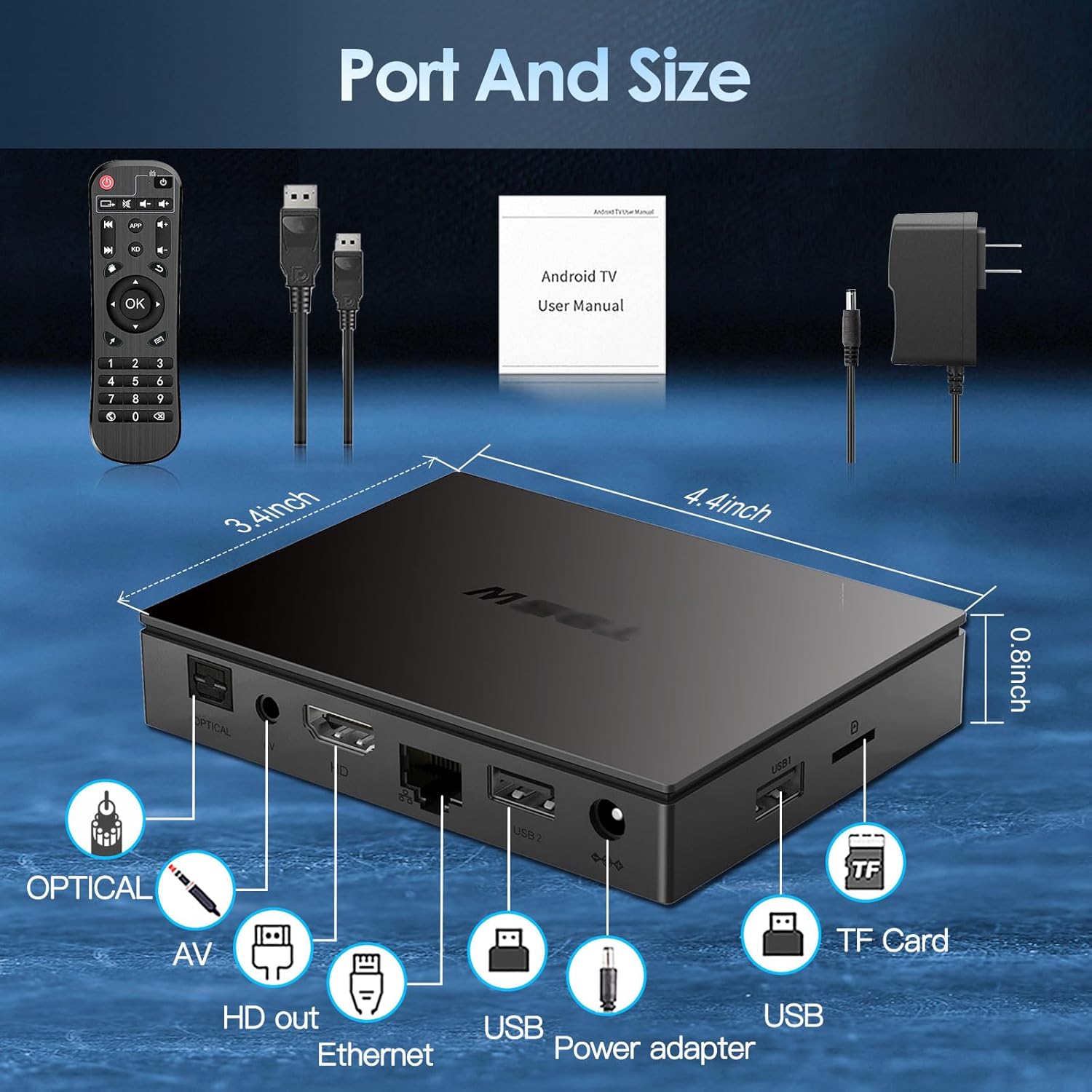 Diagram showing the three simple steps to set up the BL Android TV Box: connecting the HDMI cable, plugging in the power adapter, and connecting to Wi-Fi or Ethernet.