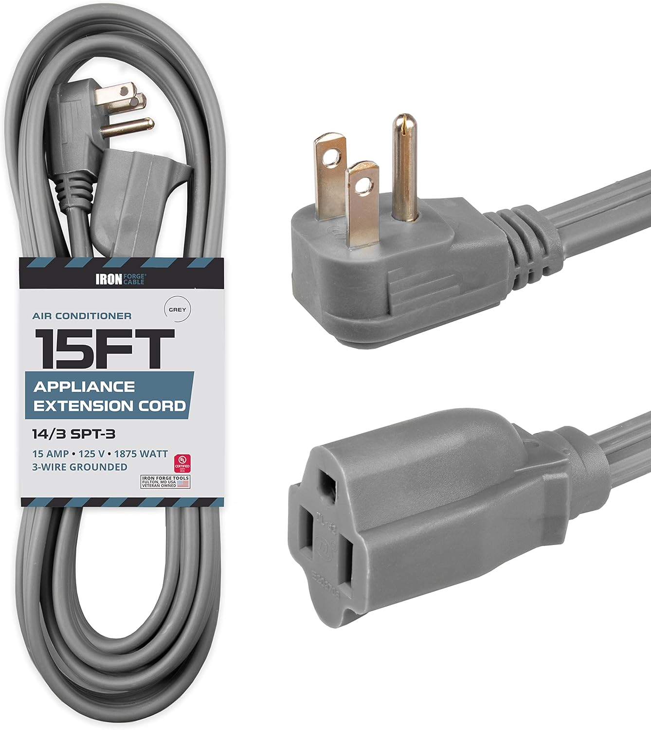 Iron Forge Cable 15 ft Appliance Extension Cord Gray 14/3 Heavy Duty - Flat Plug & Flat Cable 15 Amp 3 Prong SPT-3 for Major Home Appliances, 14 AWG