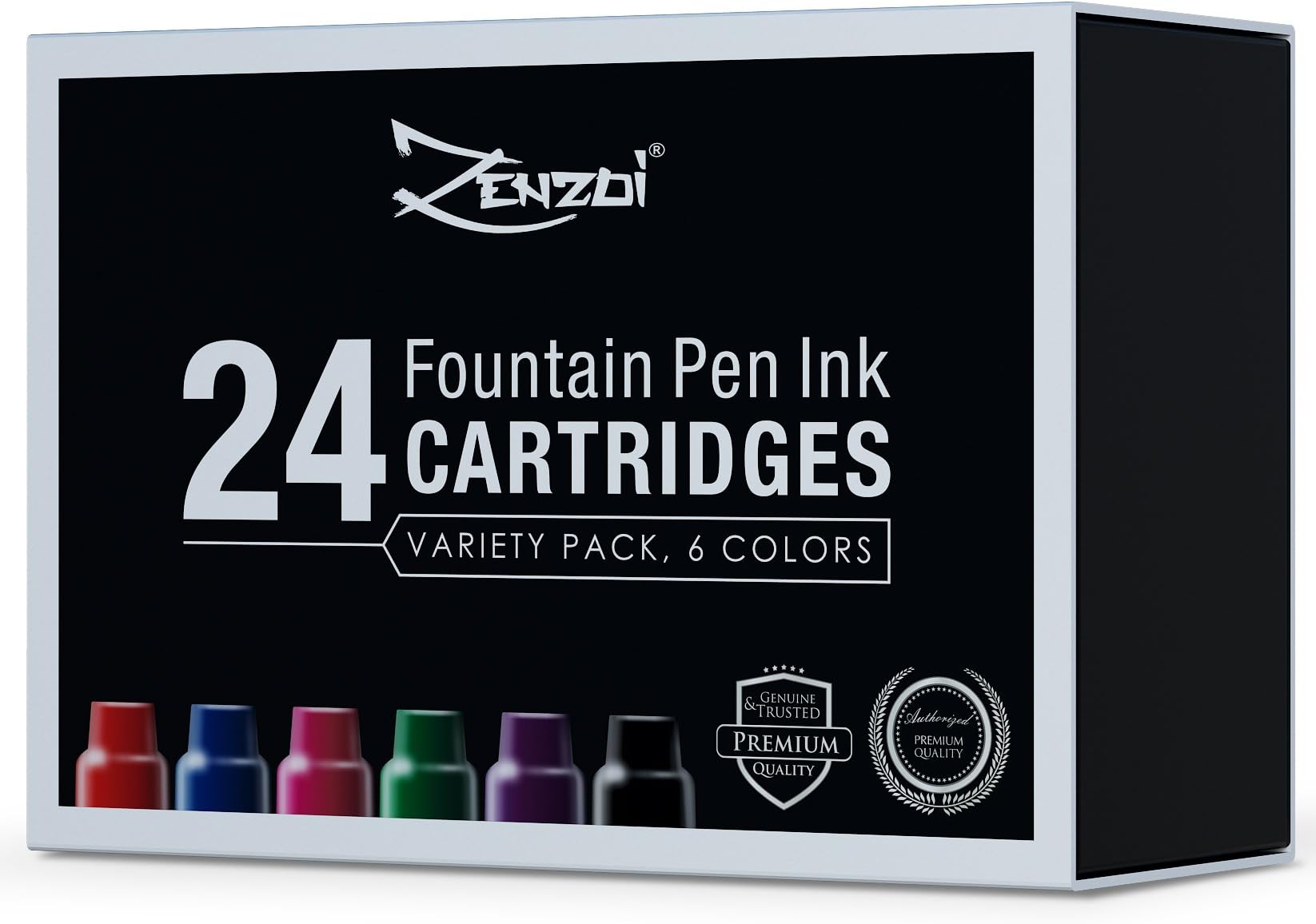 Fountain Pen Ink Refill Cartridges 24 Ink Cartridges (6 colors Variety Set) Black Blue Red Green Purple Pink - For Executive Writing Signature Calligraphy Pens Set Standard International Size