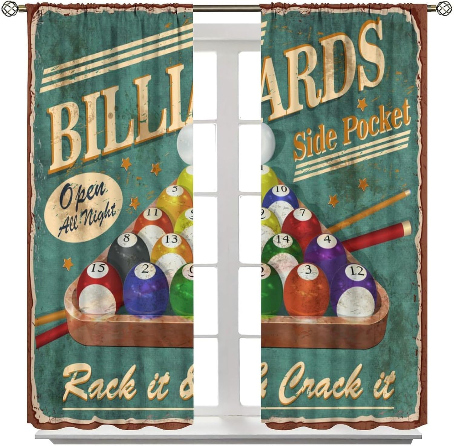 Vintage Sports Theme Billiards Curtains,Rustic 70s Pool Balls Window Treatments for Bedroom Living Room Retro Poster Style Polyester Fabric Window Drapes 2 Panels Set,Total Size 42 x 45 Inch