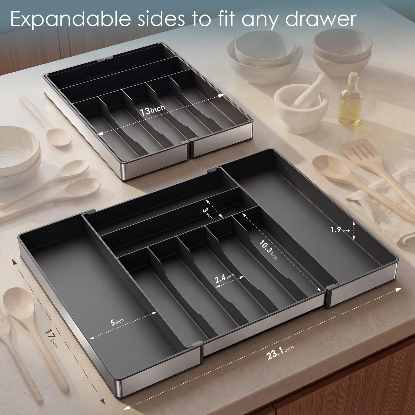 Organizzatore di argento extra grande, Organizzatore di cassetto da cucina espandibile a 9 slot, Portautensili nero
