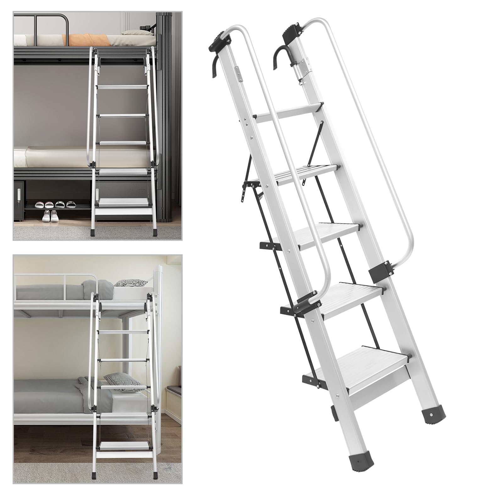 Scala per letto a castello in alluminio resistente, scala universale a 4 gradini da 1,5 m, con corrimano regolabile, design antiscivolo per la sicurezza su soppalco, camion o barca