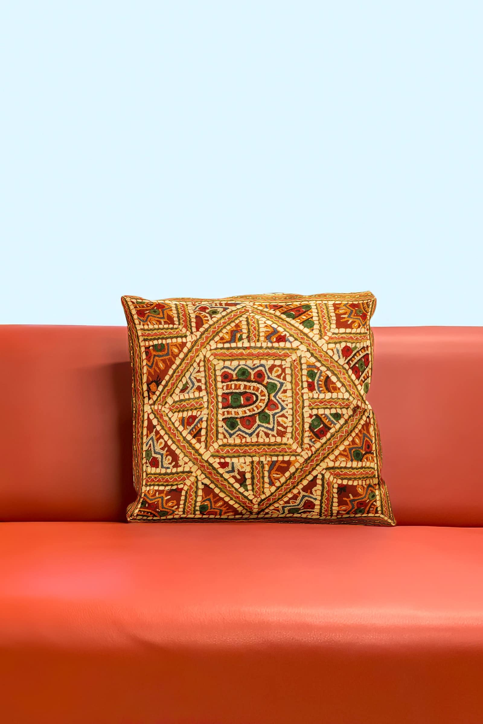 COTTAGE Handmade Cotton Dhaa Embroidred Cushion Cover | Fabric for Home Décor, 16x16 Inch, Multicolour, 1 Piece