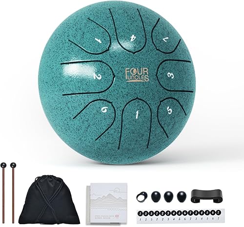 Miniatura 7 de FOUR UNCLES Tambor de lluvia para exterior, tambor de lengua de acero de 6 pulgadas, 8 notas, tambores de mano con bolsa de viaje, libro de música y