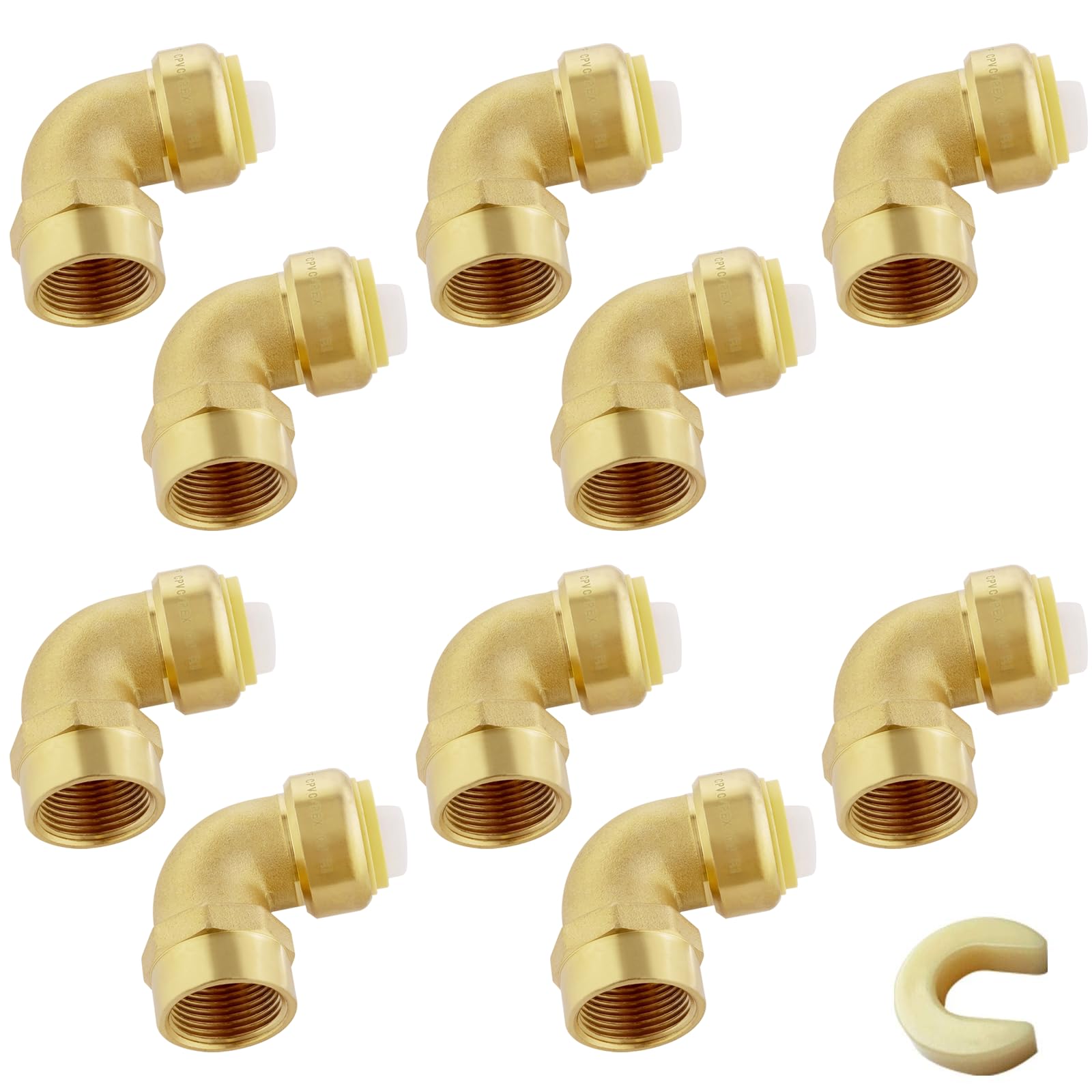 Codo hembra de ajuste a presión, codo roscado hembra FNPT de 1/2 x 1/2 pulgada con clip de desconexión, accesorios de empuje para tubería de cobre, PE-RT, CPVC (paquete de 10)