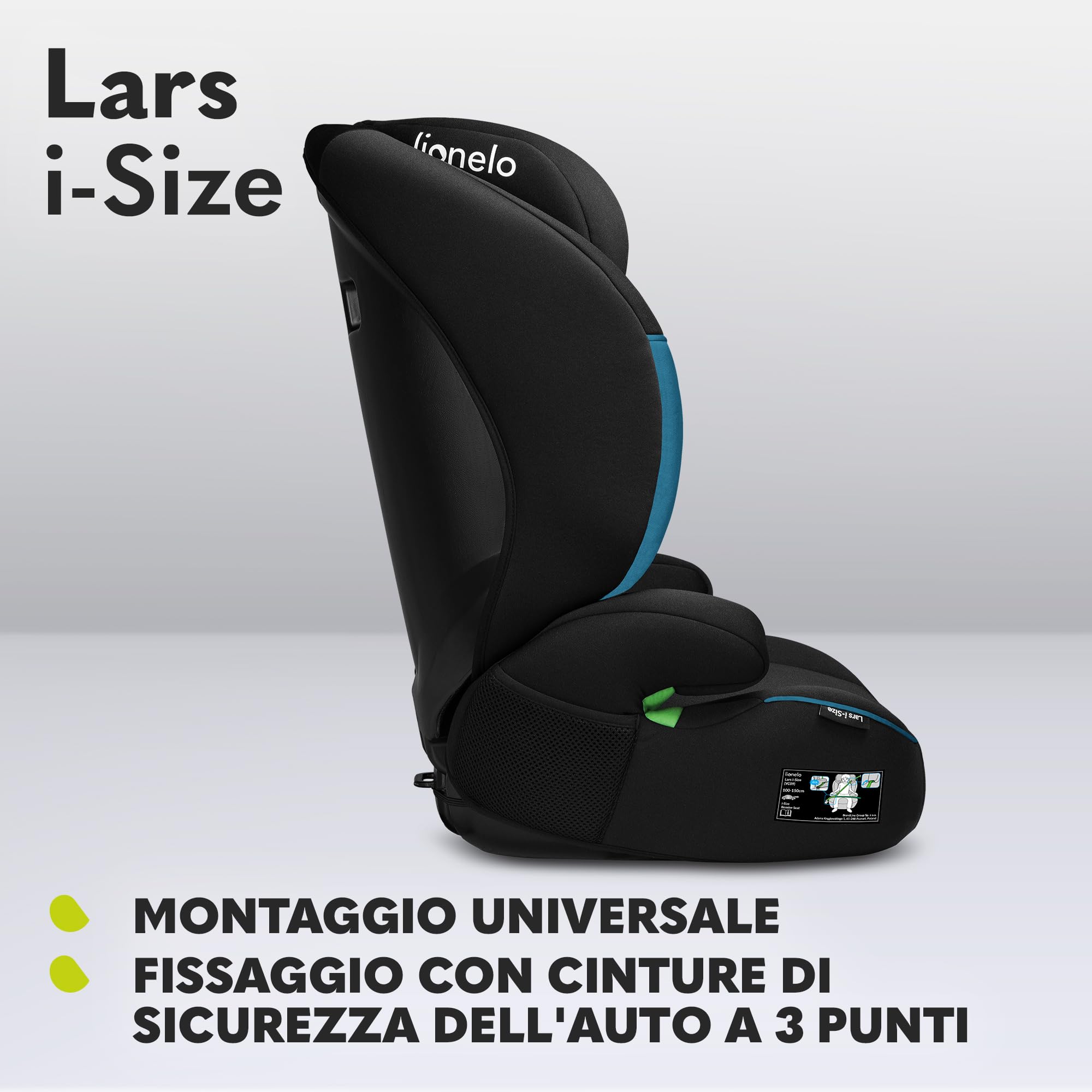 Lionelo Lars i-Size Seggiolino Auto con l'ultima Norma i-Size R129 per bambini (100-150cm/4-12 anni) Protezioni laterali, Poggiatesta regolabile, Leggero e facile installare, Opzione Solo rialzo auto