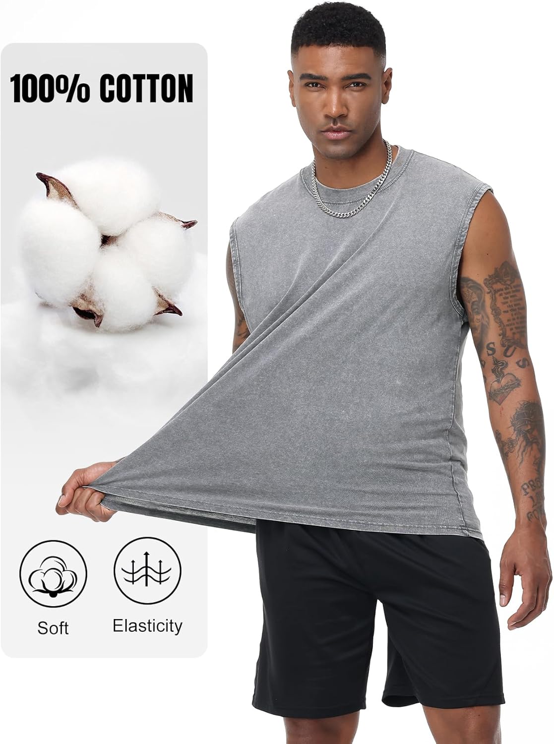 Flygo Mens Sleeveless Workout Tank Tops Cotton Cut Off Muscle T Shirts Acid Wash Loose Running Gym Tees