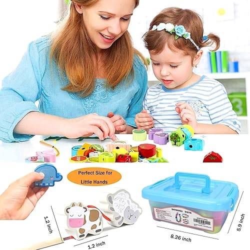 Miniatura 4 de Intsinzi Juguetes educativos de madera para niños pequeños, 47 piezas de cuentas de cordones de animales oceánicos de granja preescolar, juguetes
