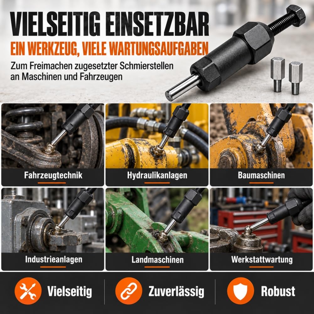 Schwerlast Schmiernippel Reinigungswerkzeug, M6/M8-Adapter Grease Fitting Cleaner mit Spiral-Drucksystem, Legierter Stahl, Fettdüse, zum Entstopfen, für Bagger und LKW. (Lang+Kurz)