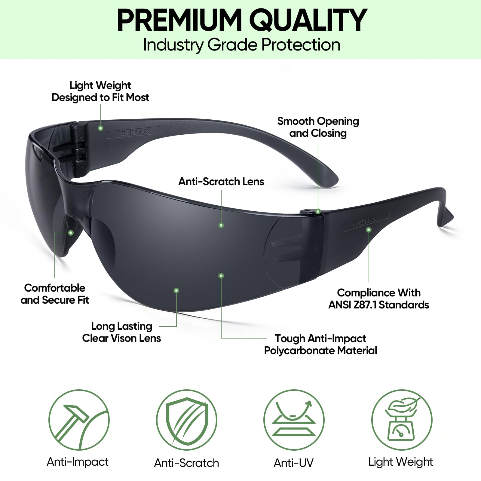 TICONN 12 gafas de seguridad para hombre, gafas de seguridad resistentes a arañazos y impactos, cumple con la norma ANSI Z87.1 (carbón, paquete de 12)