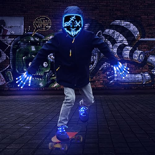 Miniatura 4 de Camlinbo 3 Set Halloween LED Mask Light up Gloves with Shoelaces Scary Glow in the Dark Halloween Costume Party Kids