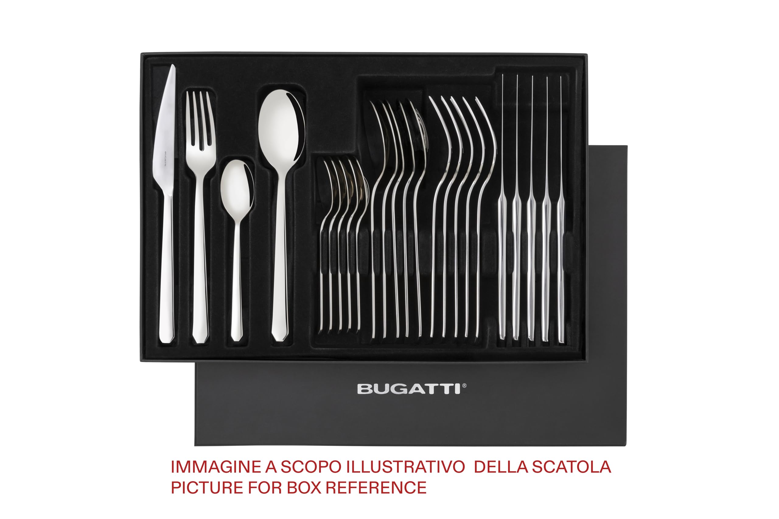 BUGATTI, Gaia, Juego de Cubiertos de 24 Piezas en Acero Inoxidable 18/10 con Caja Galería Compacta, Servicio de Cubiertos para 6, Cucharas, Tenedores, Cuchillos y Cucharas de Café