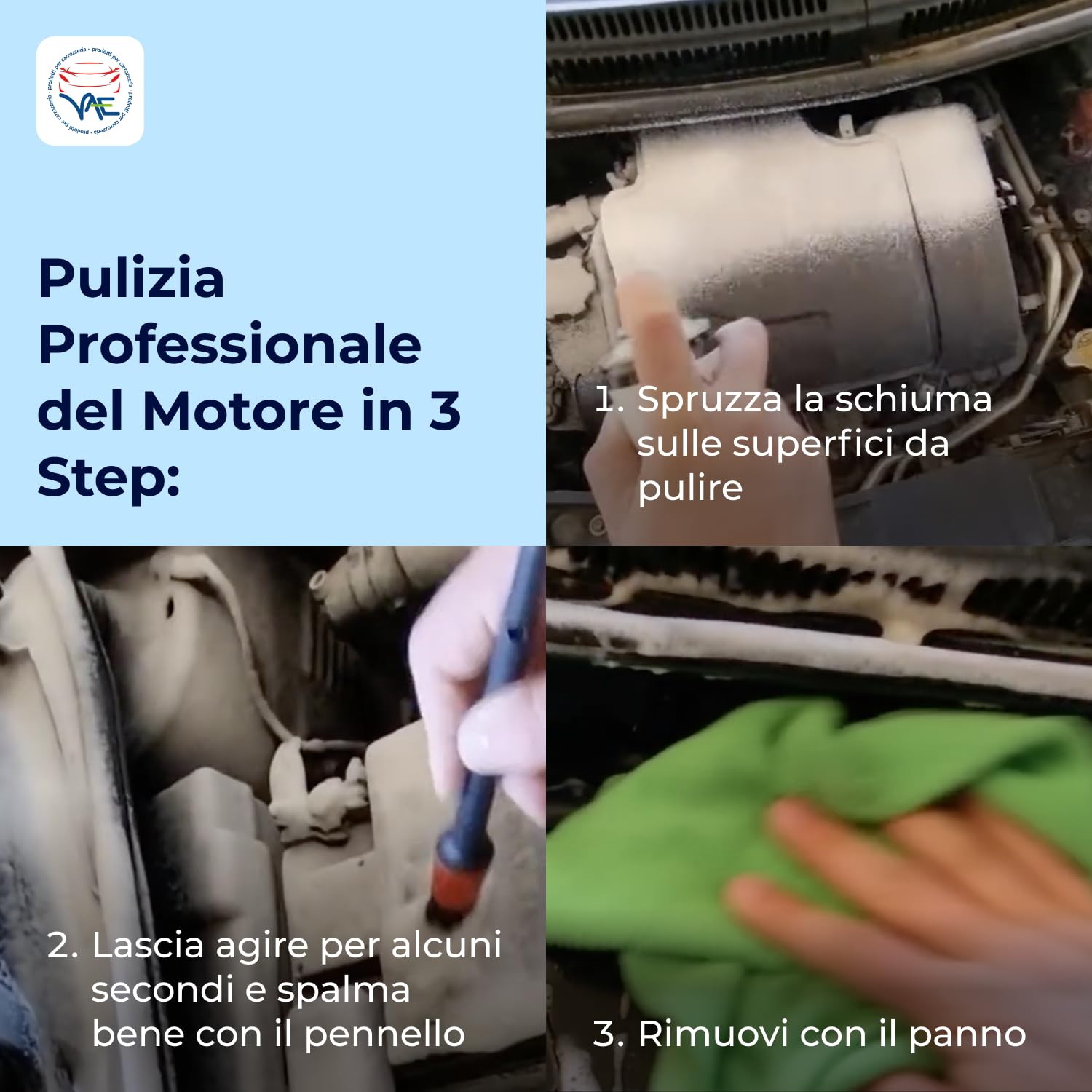 VAE VAEMOTOR WASH Pulitore Schiumogeno per Motori Moto, Auto e Bici, Detergente a Secco Senza Acqua con Pennello e Panno in Microfibra – Kit Completo per la Pulizia Rapida e Sicura del Motore