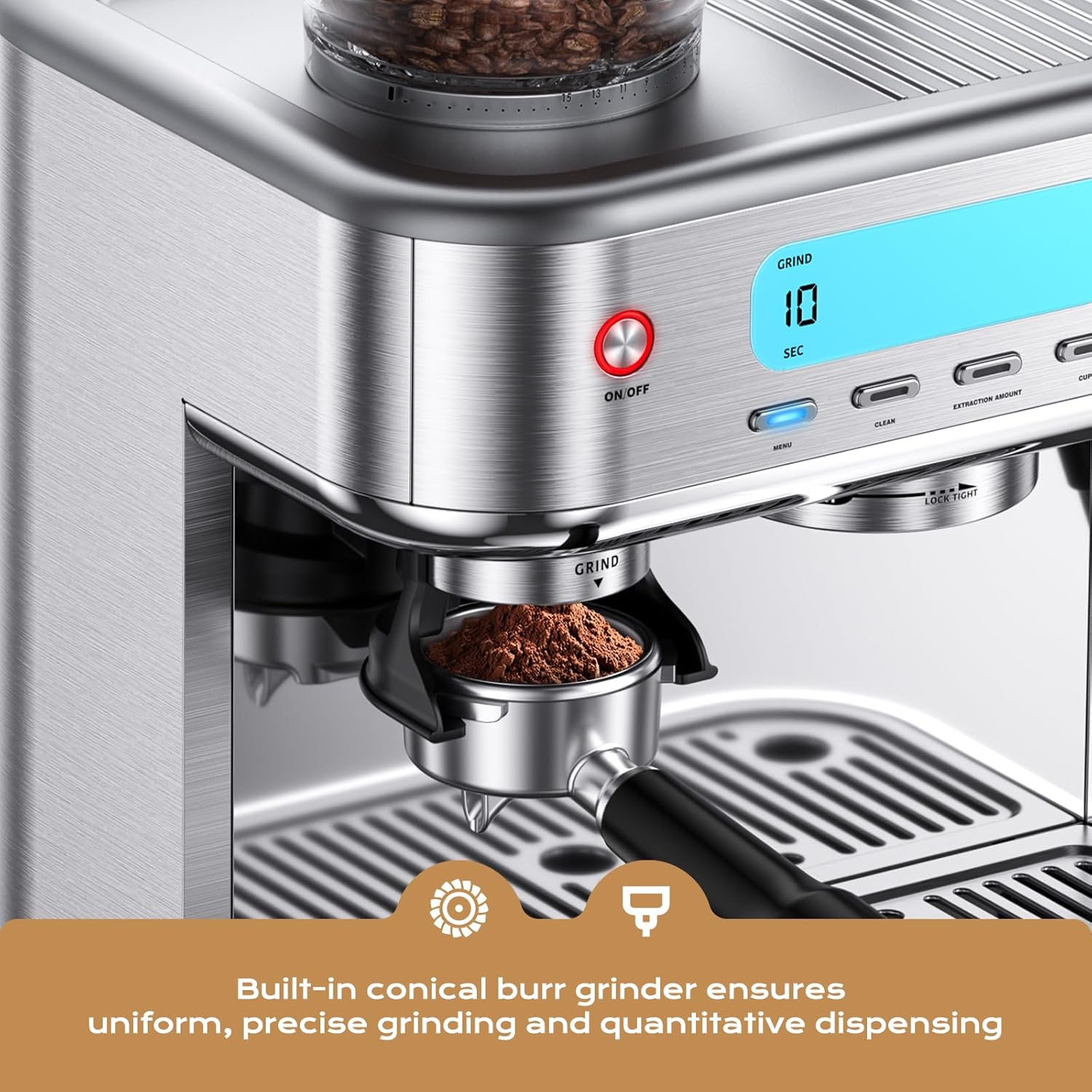 Espresso Machine with Grinder, 20 Bar All-in-One Coffee Maker with Milk Frother, LCD Display & 58mm Portafilter, Stainless Steel Cappuccino & Latte Machine with 77.77oz Removable Water Tank for Home