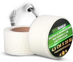 ToolSpace Nastro Cartongesso Fibra Vetro Autoadesivo 4,5 cm x 20 m Crepe Muro Giunti Riparazione Pareti Interni Stucco Rasatura Intonaco Retina Rinforzo Rete Impermeabile Gesso Rasante Supporto Muri