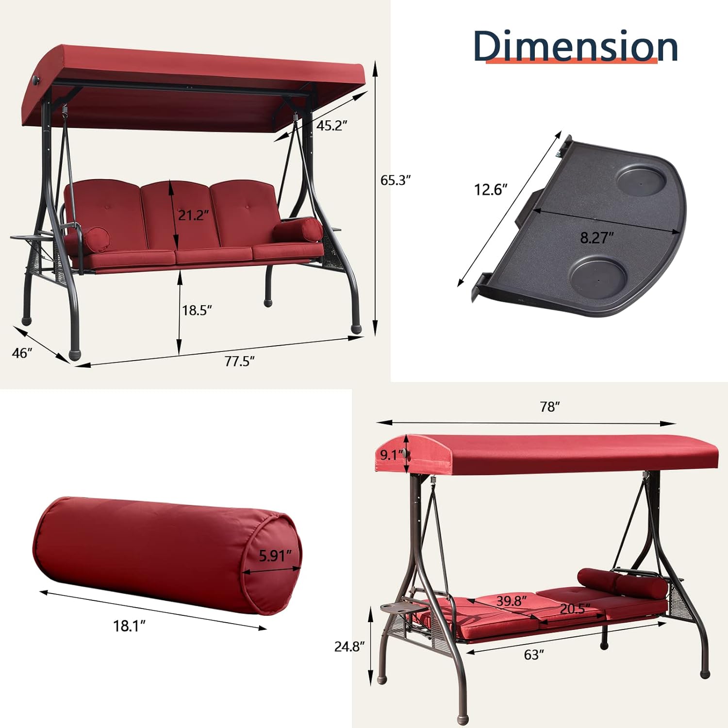 Diagram showing detailed dimensions of the NOBLEMOOD Patio Porch Swing, including overall height, width, depth, seat depth, and pillow dimensions.