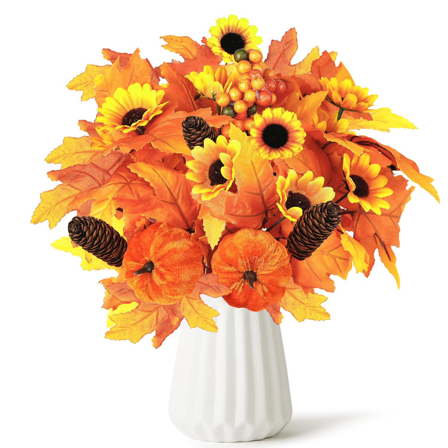 2PCS Artificial Flower Decoration Maple Leaf Stem Pumpkin Branch Sunflower Berries Flower for Fall Thanksgiving Home Holiday Festival Decoration (Brown)