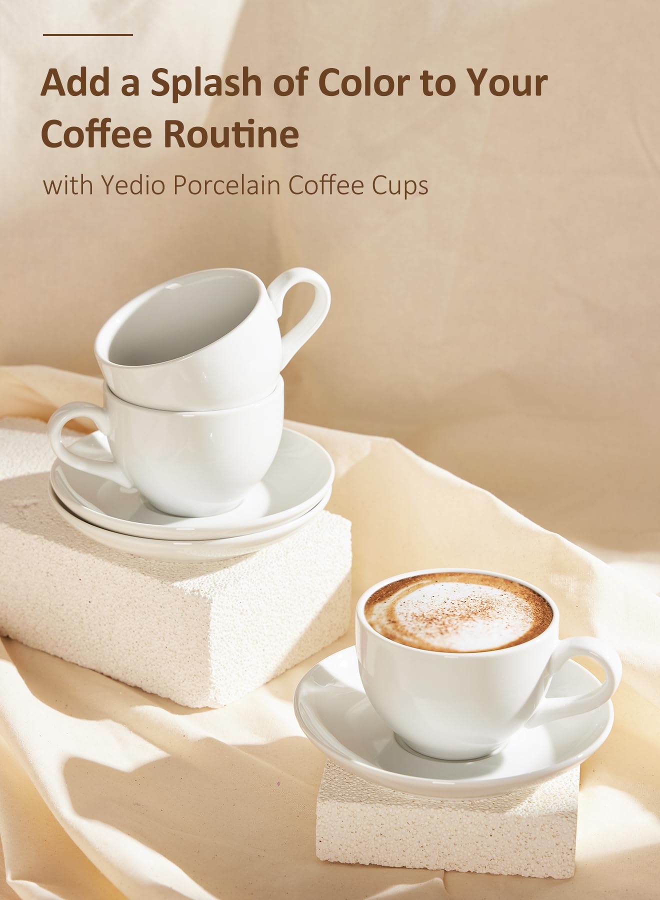 Juego de tazas de café de porcelana con platillo, taza de porcelana blanca de 6 onzas y platillos para capuchino, expresso, café latte, bebidas de café y té, juego de 6