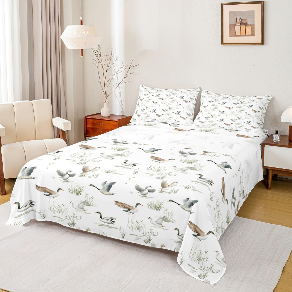 Homewish Woodland Mallard Duck - Juego de sábanas para cama doble, juego de sábanas de caza y pesca de ganso para niños y niñas, juego de ropa de cama rústica, 4 piezas