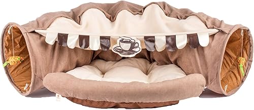 MelPet Túnel para gatos, 2 en 1 túnel para gatos con bola rascadora, cojín y hamaca (café)